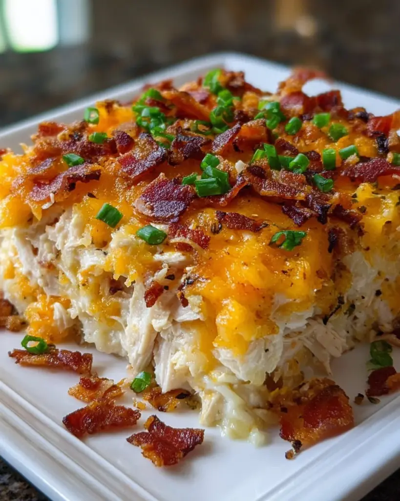 Creamy crack chicken casserole topped with cheese and green onions.