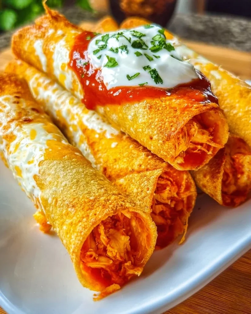 Delicious creamy chicken taquitos served on a plate with fresh toppings.