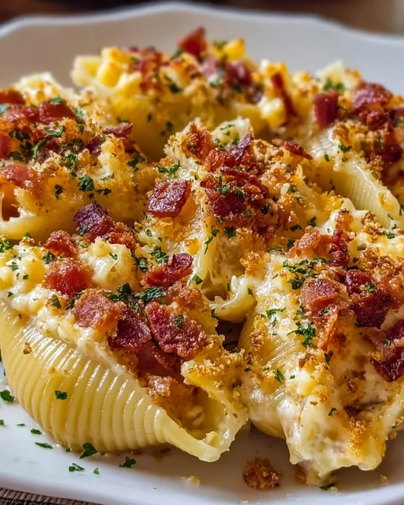 Creamy loaded bacon mac and cheese stuffed shells baked to perfection