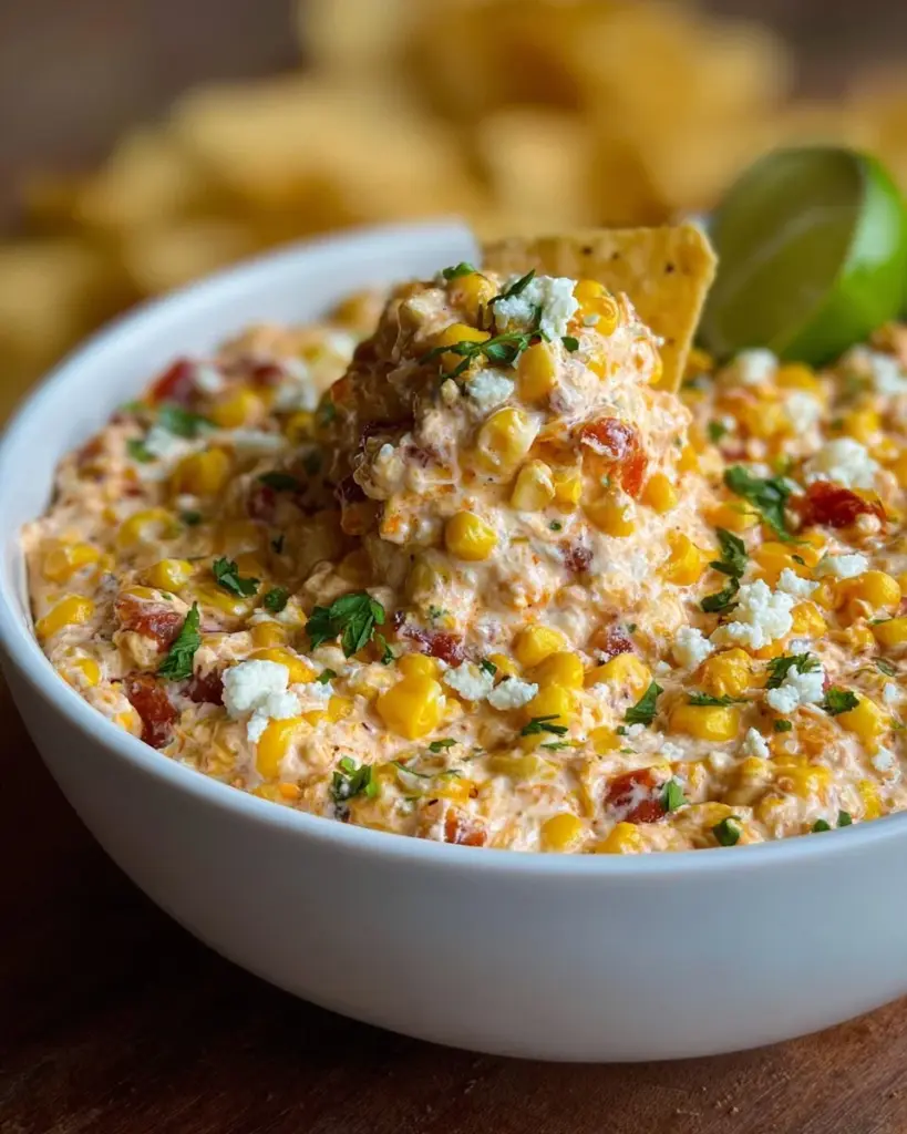 Delicious creamy Mexican corn dip served in a bowl with tortilla chips