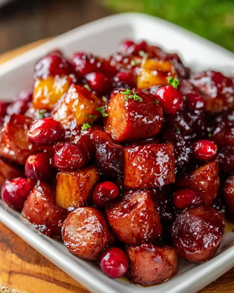 Crockpot kielbasa appetizer served in a bowl with toothpicks