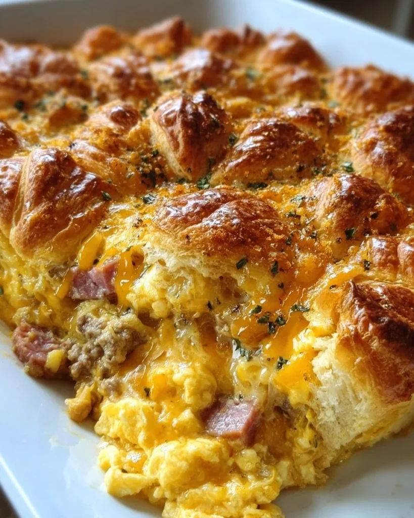 Delicious croissant bake breakfast casserole prepared with eggs and cheese