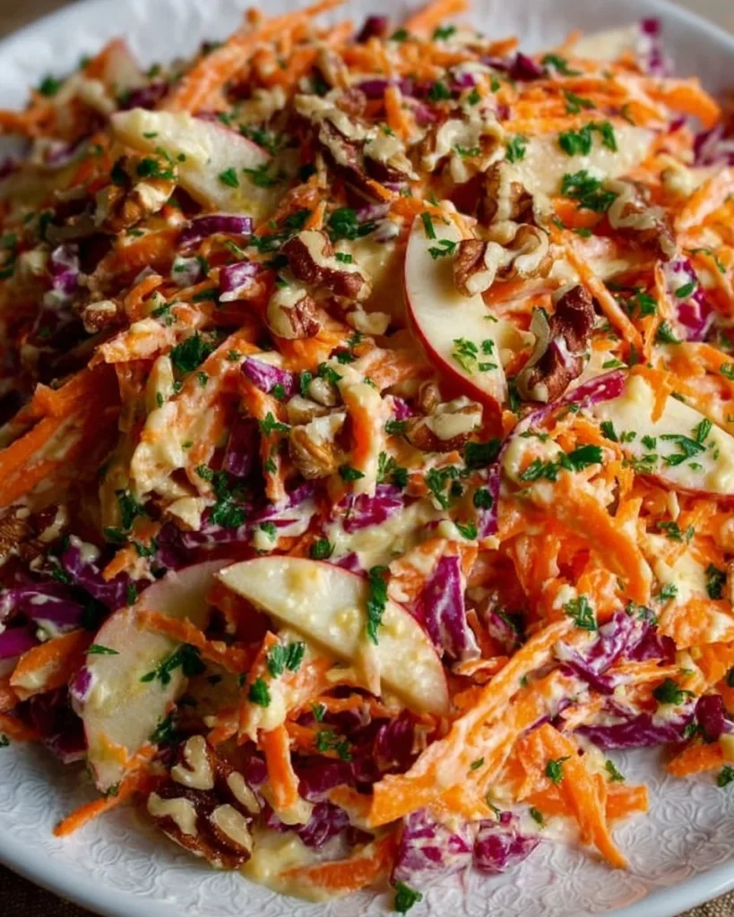 Crunchy apple carrot salad topped with creamy citrus dressing and fresh herbs.