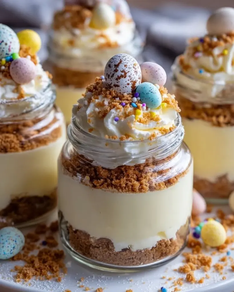 Easter Egg Cheesecake Jars with colorful toppings and rich cheesecake layers.