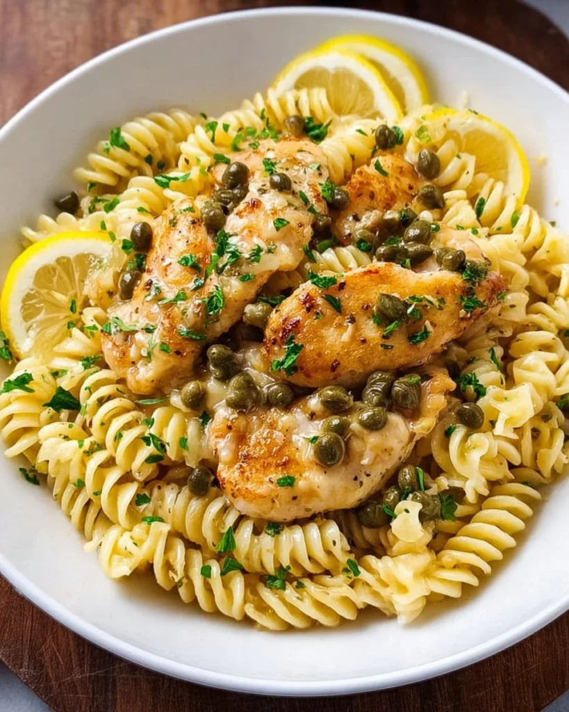 Easy chicken piccata pasta dish with lemon and capers
