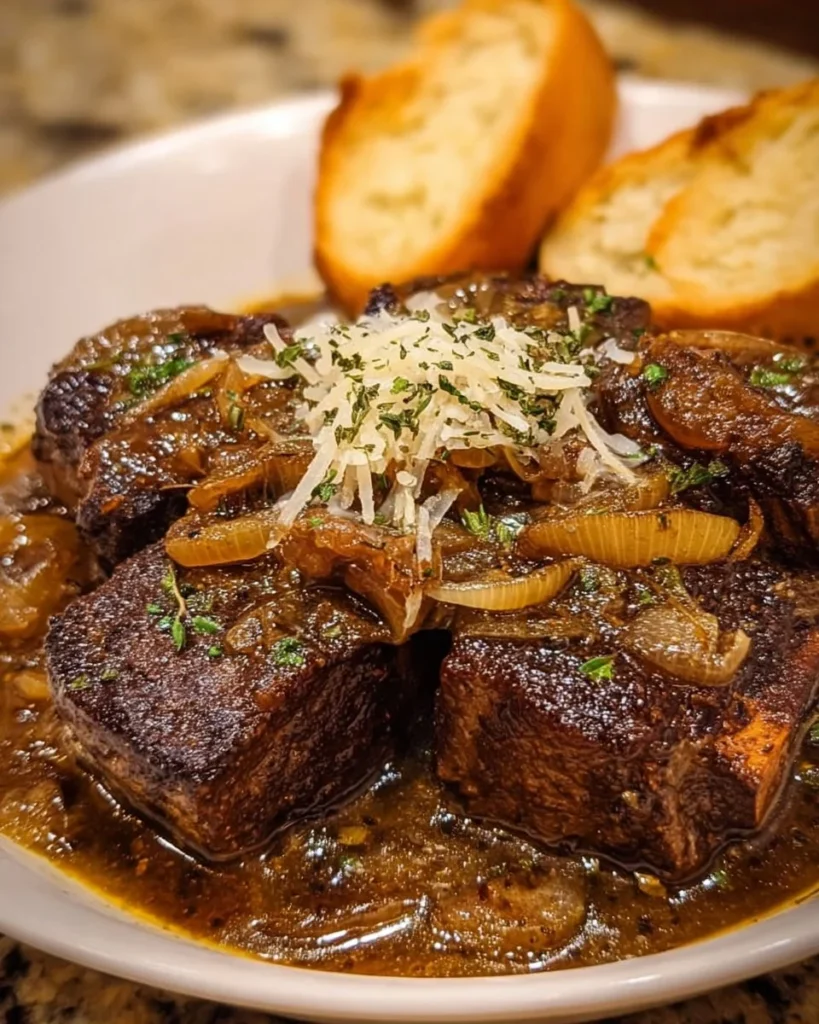 Bowl of Easy French Onion Beef Short Rib Soup garnished with herbs