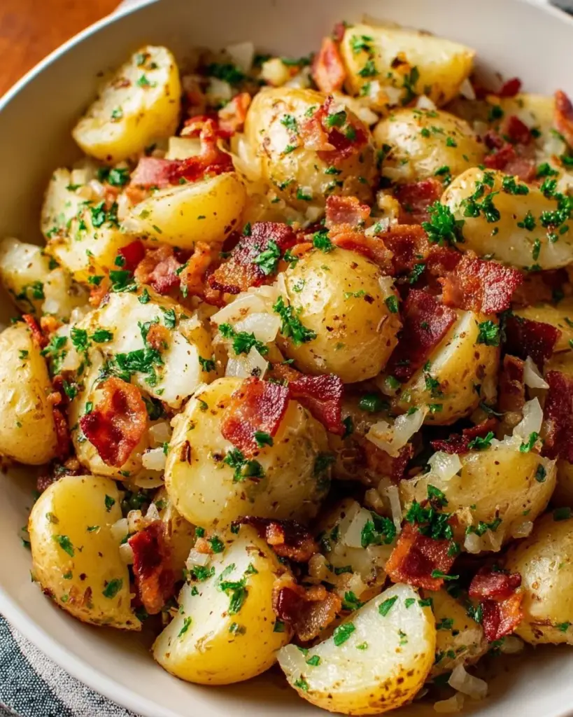 Bowl of easy German potato salad with herbs and dressing