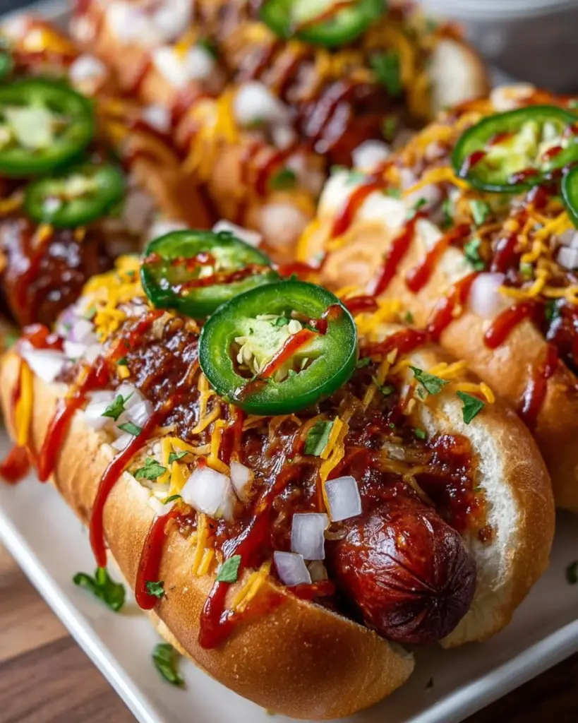 Delicious firecracker hot dogs ready to spice up your summer barbecue.