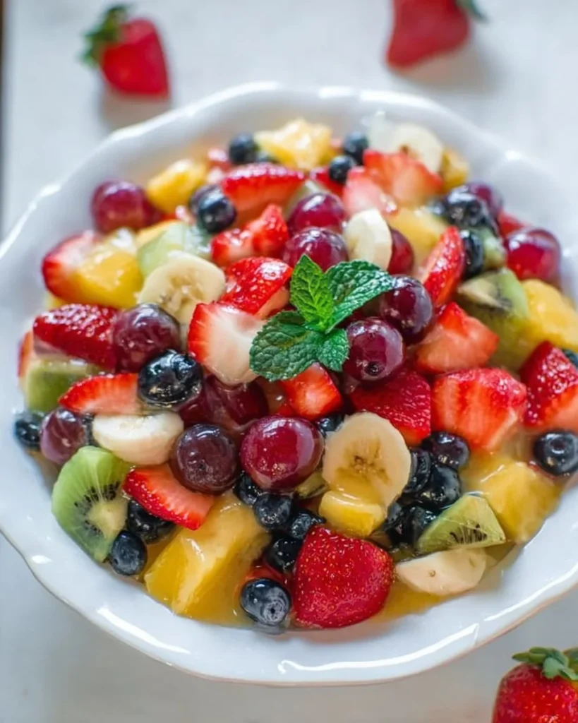 Delicious fruit salad topped with creamy vanilla pudding in a bowl.