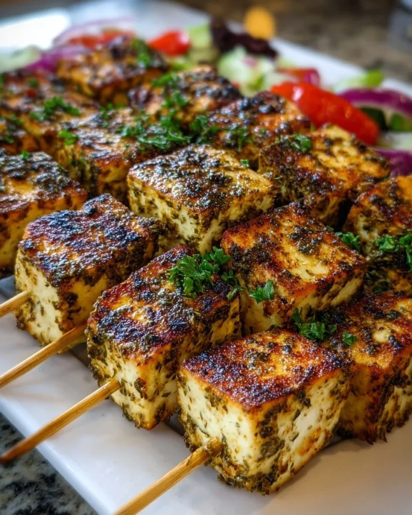 Grilled za'atar tofu skewers served on a plate with fresh vegetables