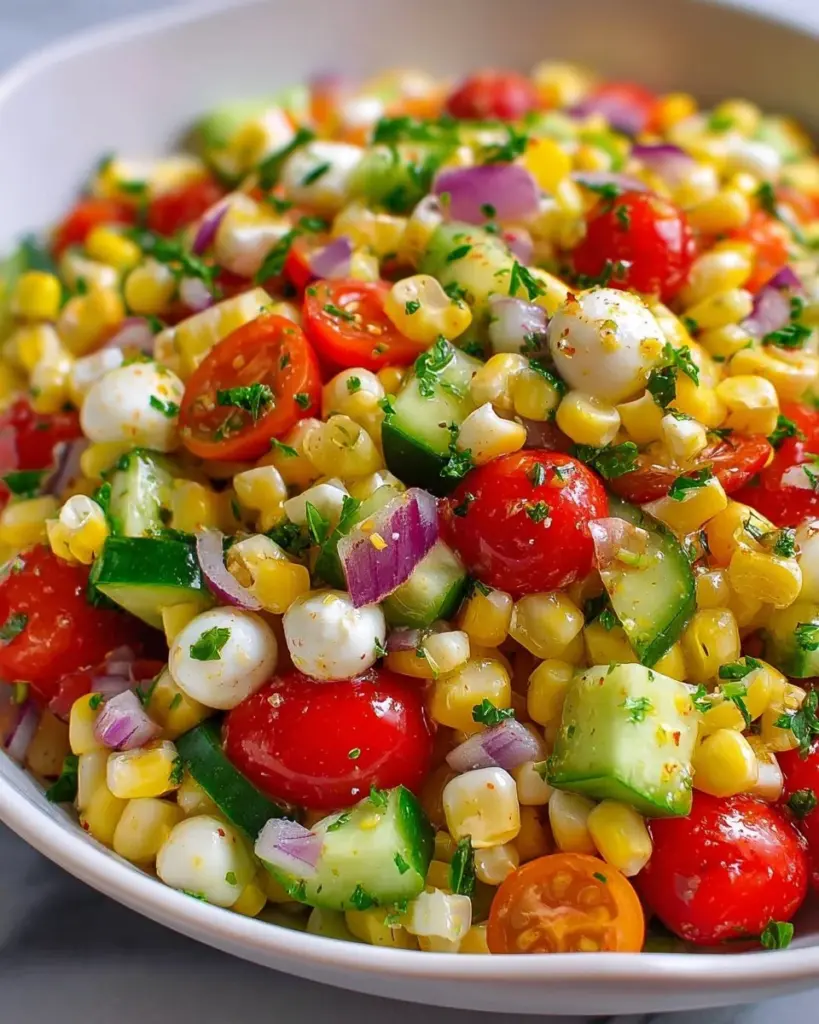 Healthy corn salad with fresh vegetables and dressing