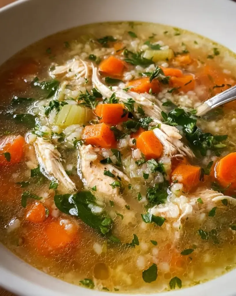 Bowl of healthy healing chicken soup with vegetables and herbs