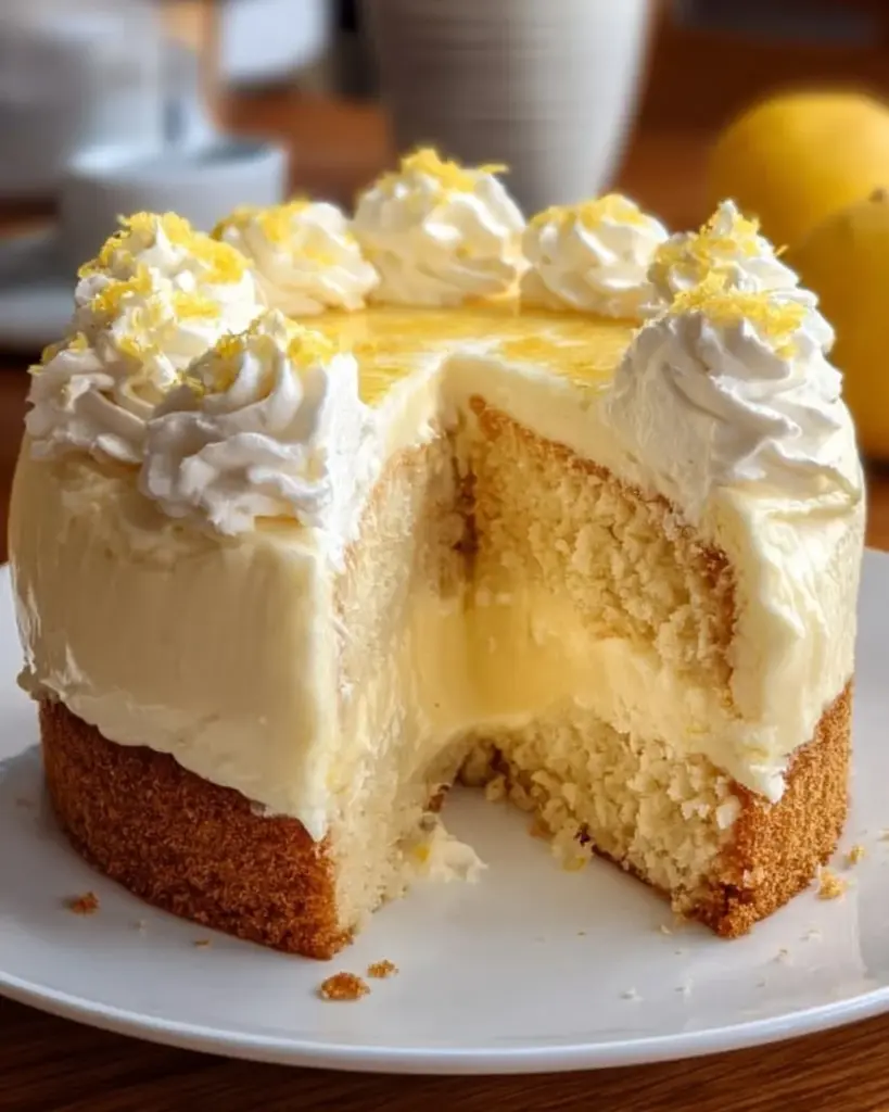 Heavenly lemon cheesecake cake with cream cheese frosting on a dessert plate