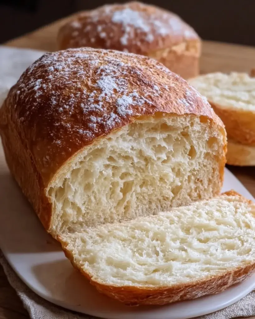 Loaf of homemade no-knead sandwich bread fresh out of the oven.