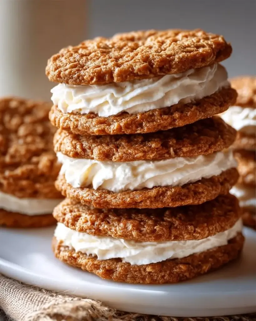 Homemade oatmeal cream pies on a plate, showcasing soft cookies and cream filling.