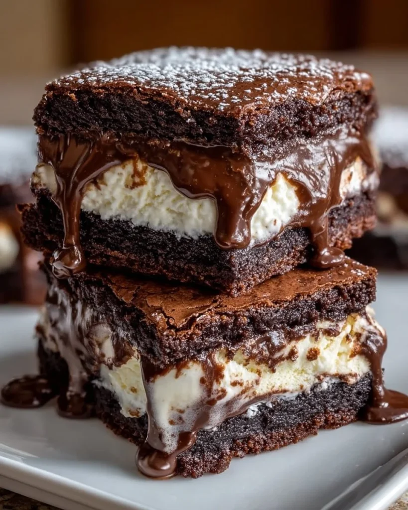 Homemade ice cream sandwiches featuring rich brownie bases and creamy ice cream filling.