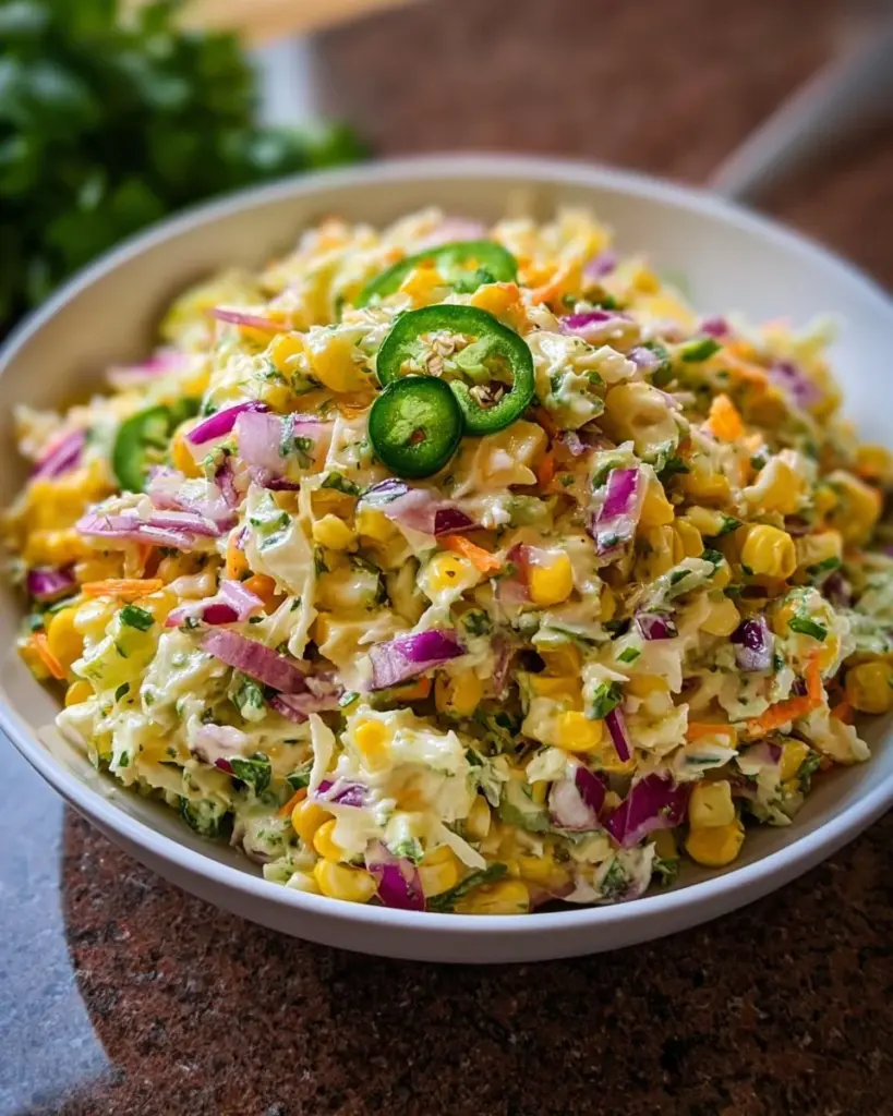 Delicious Jalapeño Corn Slaw served in a bowl with vibrant colors and fresh ingredients