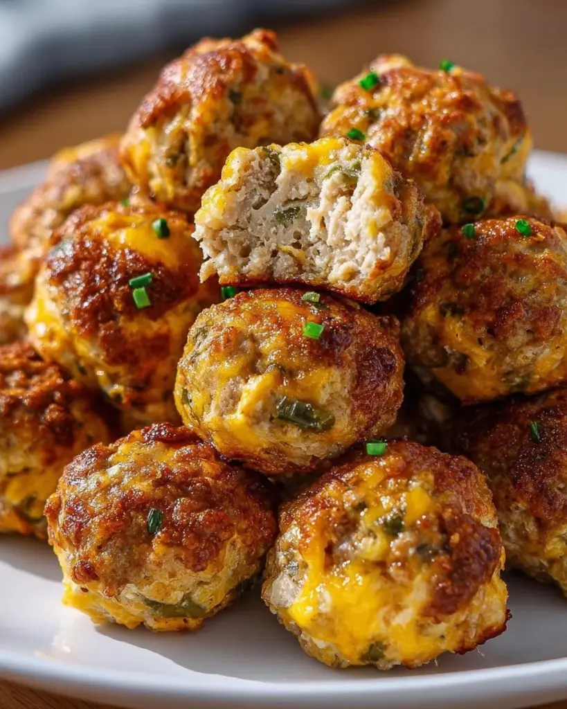 Delicious jalapeño popper sausage balls ready to be served on a platter.
