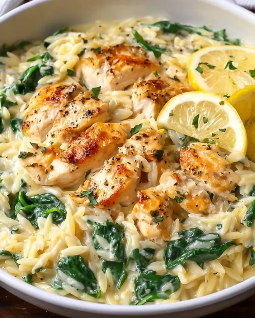 A bowl of Lemon Chicken Orzo with Spinach, garnished with lemon slices and herbs.