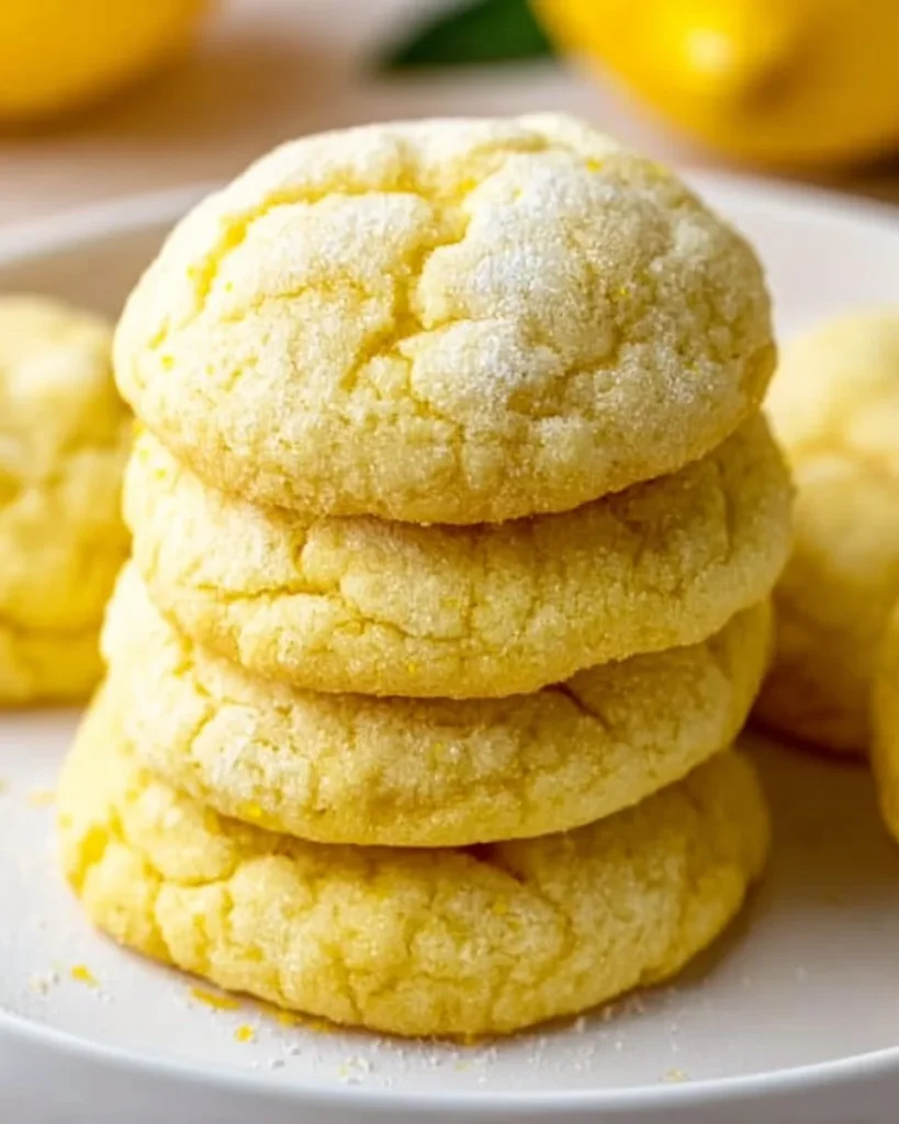 Delicious lemon sugar cookies on a plate with fresh lemons in the background.