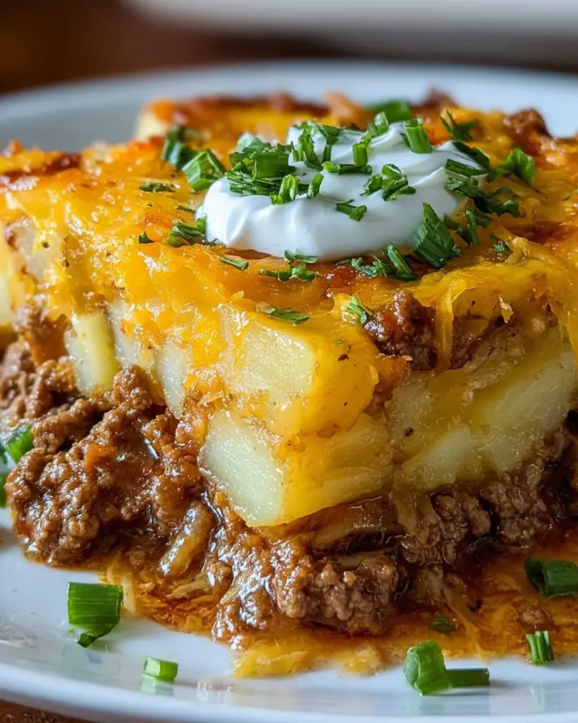 Delicious loaded beef and potato bake topped with cheese and herbs
