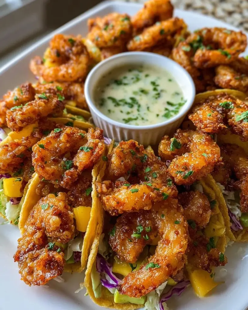 Delicious Mango Chili Lime Shrimp Tacos garnished with lime and mango slices
