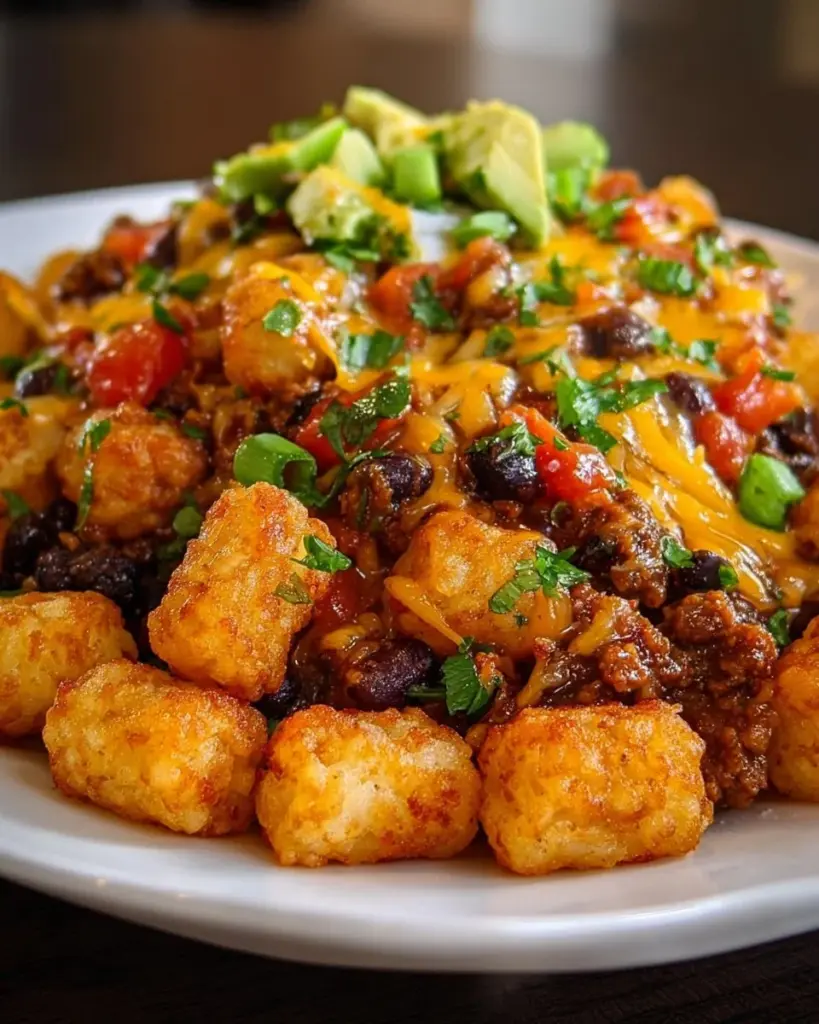 Delicious Mexican Tater Tot Casserole topped with cheese and spices
