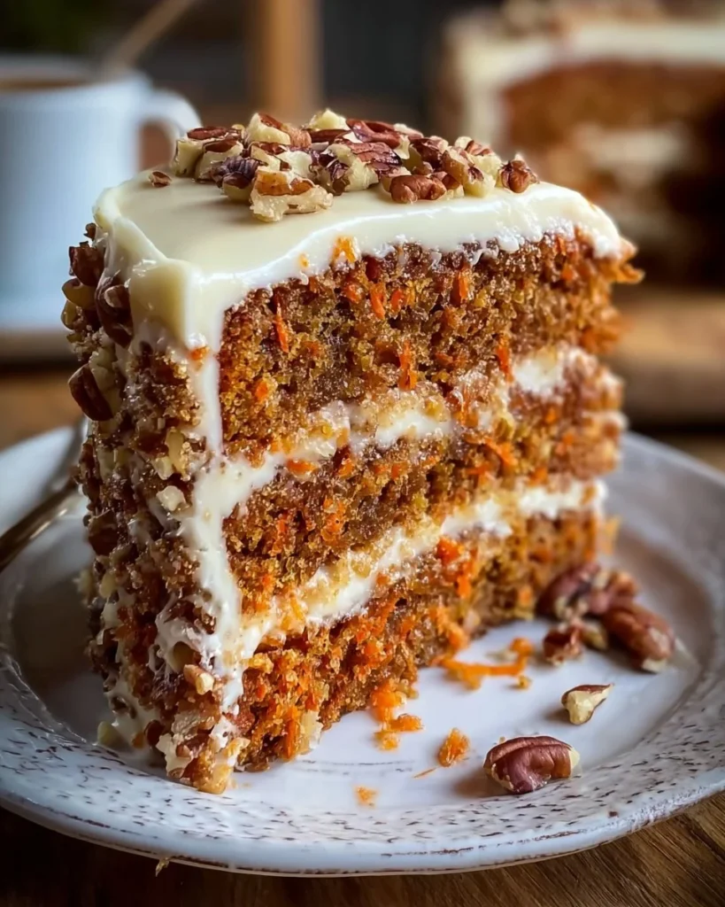 Delicious moist homemade carrot cake with cream cheese frosting