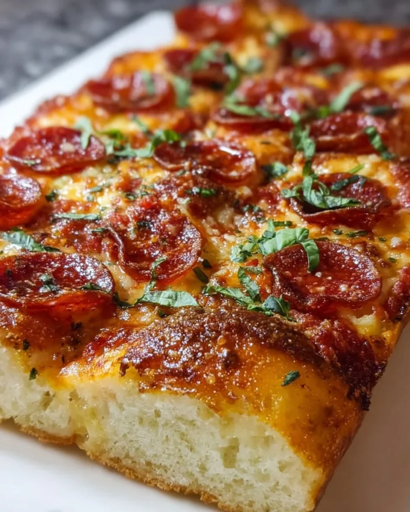 Freshly baked New York Bakery-Style Sicilian pizza with a thick, crispy crust.