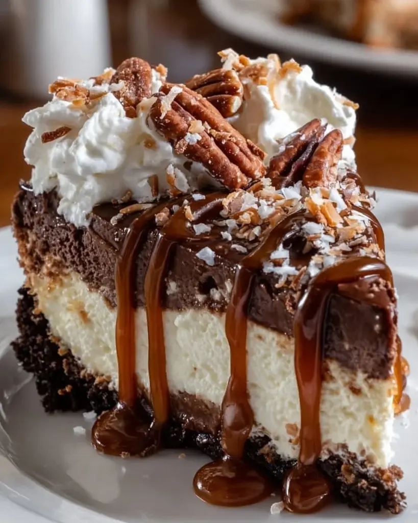 No-Bake German Chocolate Cheesecake slice on a plate with chocolate drizzle