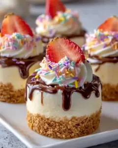 No-bake mini cheesecakes in decorative cups garnished with fruit.