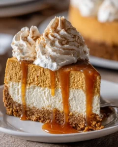 No-Bake Pumpkin Cheesecake topped with whipped cream and pumpkin spice