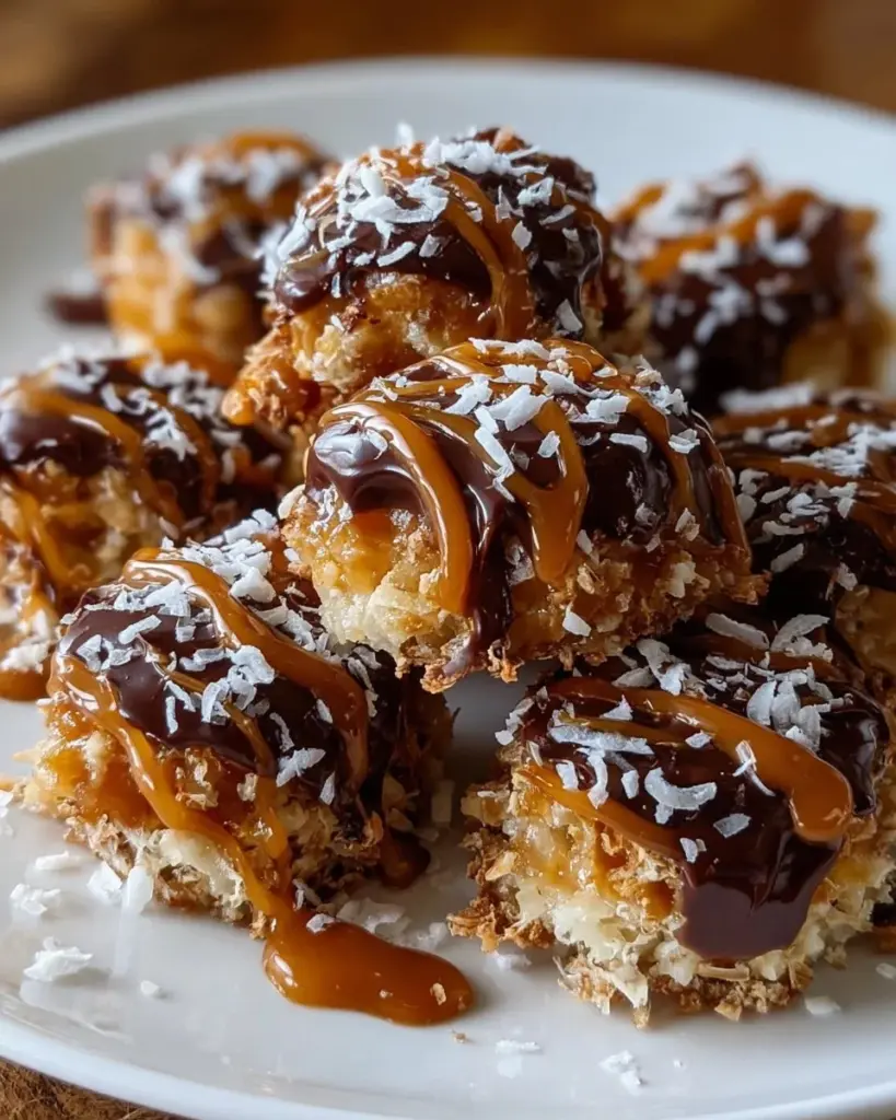Delicious no-bake Samoa Cookie Bites topped with caramel and chocolate.