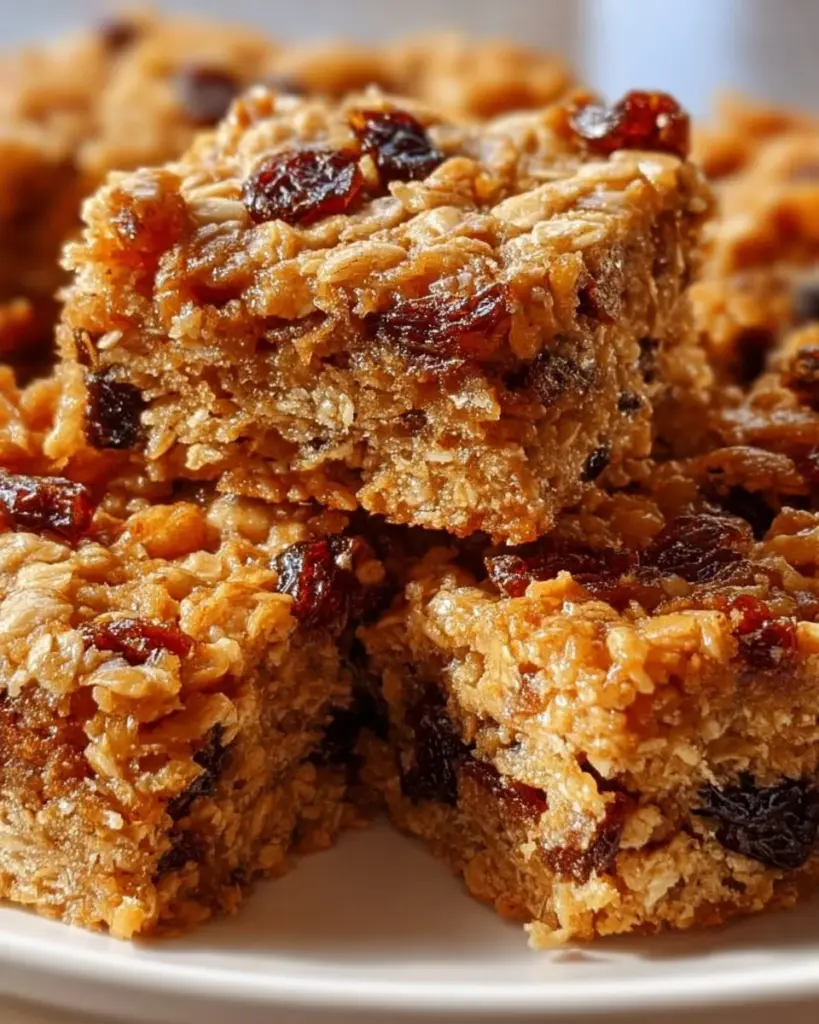 Delicious oatmeal raisin bars with oats and raisins in a homemade treat