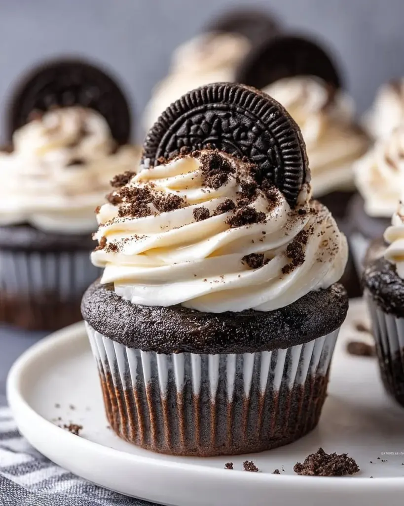 Delicious homemade Oreo Cupcakes topped with cream and Oreo crumbles.