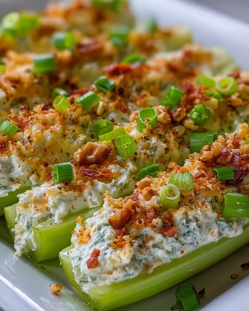 Delicious stuffed celery filled with creamy goodness on a plate
