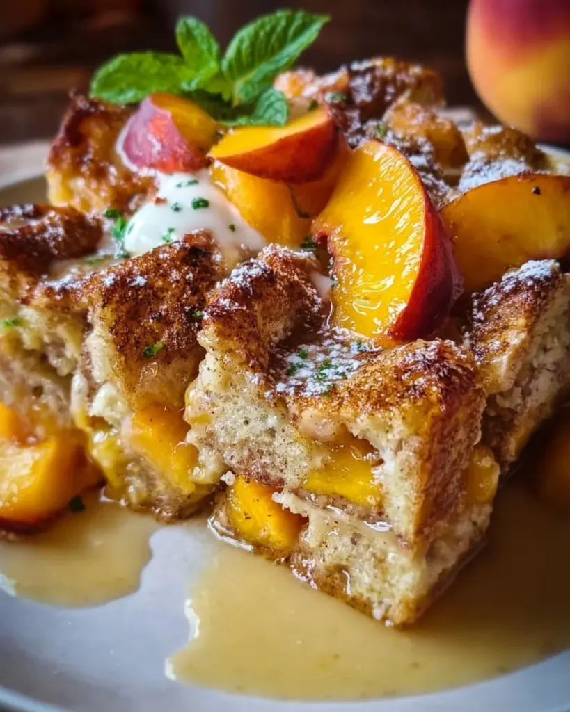 Delicious Peaches and Cream Baked French Toast topped with fresh peaches and cream.