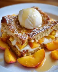 Delicious Peaches and Cream Baked French Toast ready to serve.