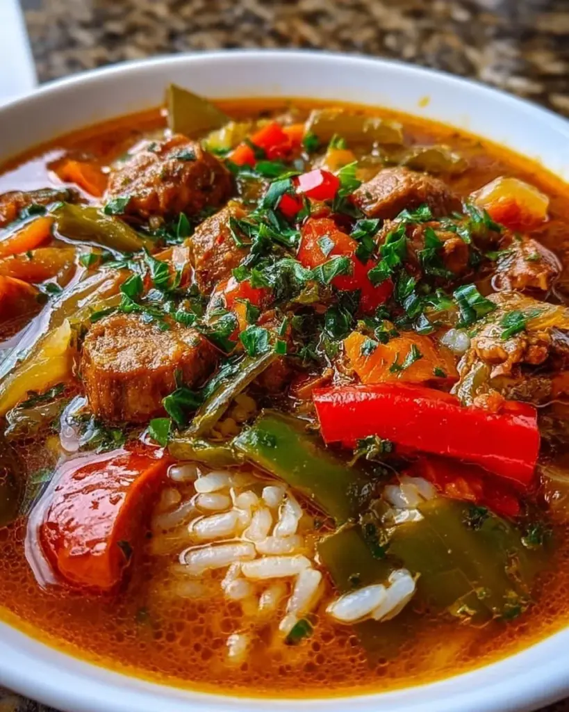 Bowl of spicy Pepper Soup garnished with fresh herbs and spices