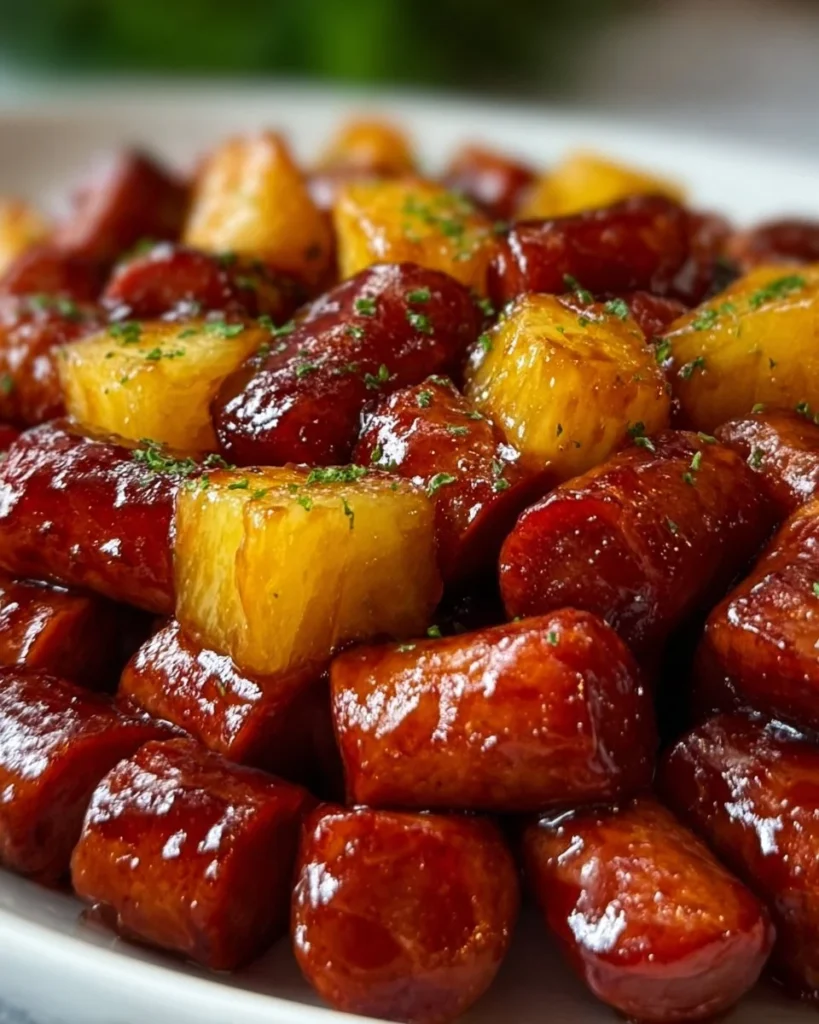 Pineapple Brown Sugar Mississippi Little Smokies Bites served on a platter