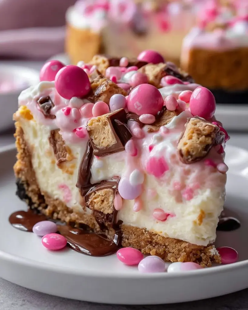 Delicious Pink M&M Snickers Cheesecake topped with colorful candies.