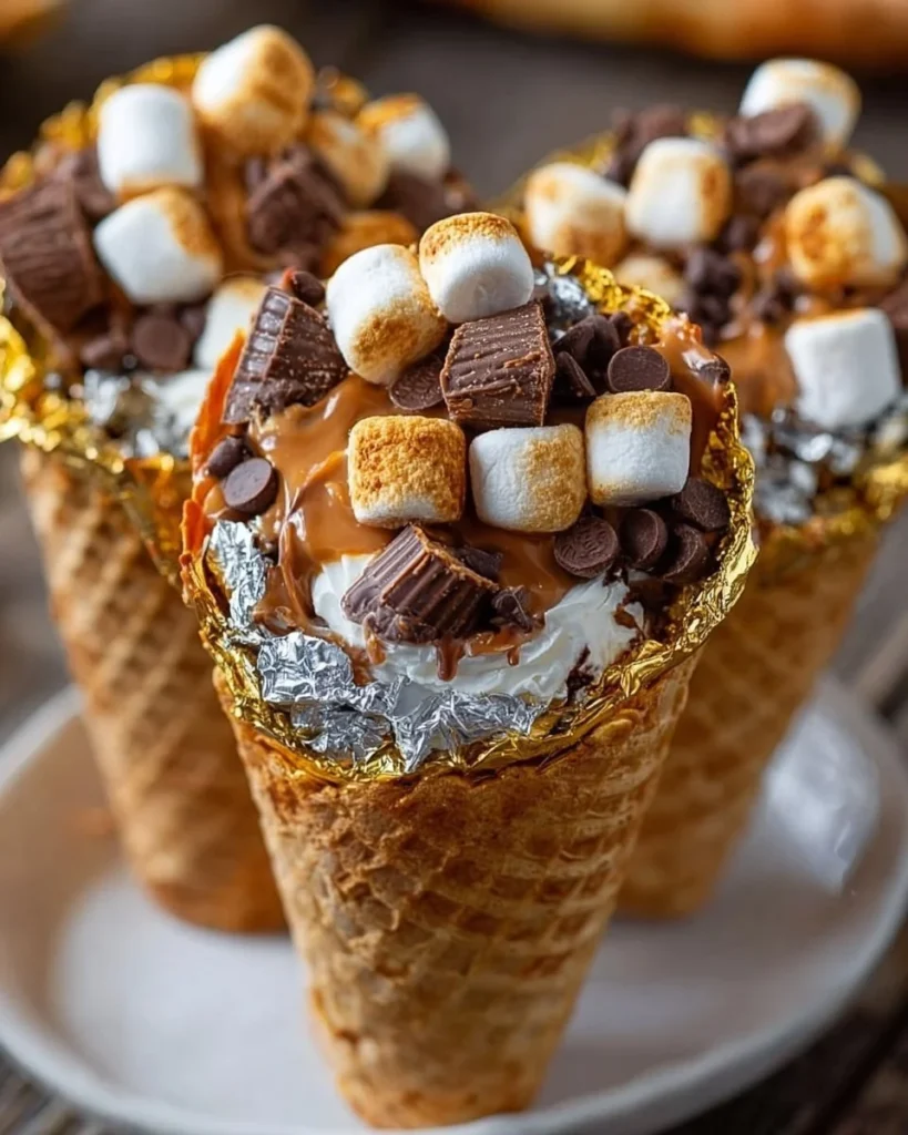 Delicious Reese's Campfire Cones filled with chocolate and marshmallows