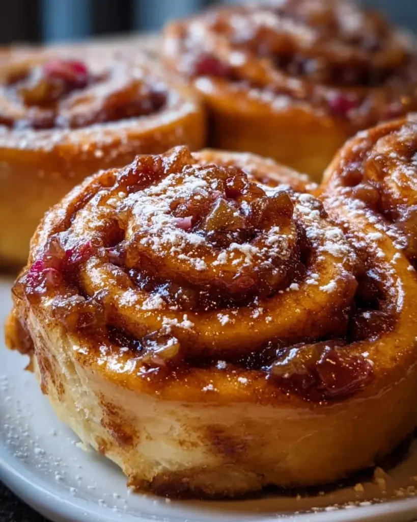 Freshly baked Rhubarb Cinnamon Rolls with a sweet glaze on top.