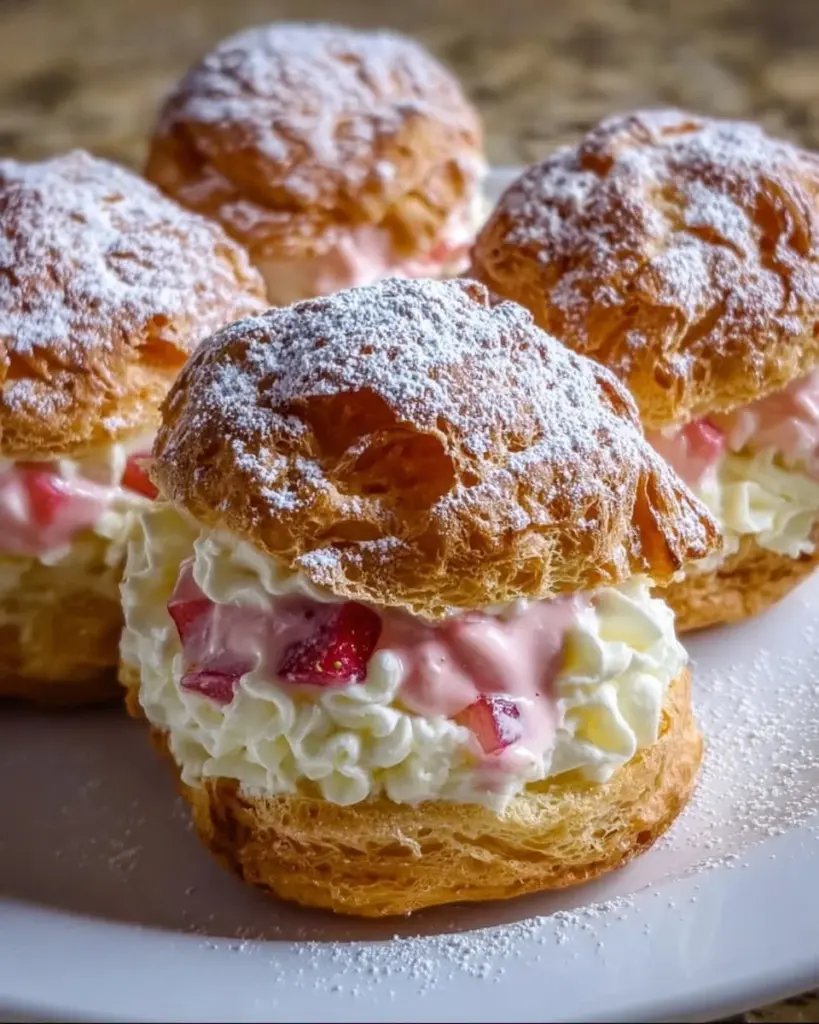 Delicious rhubarb cream puffs on a decorative platter.