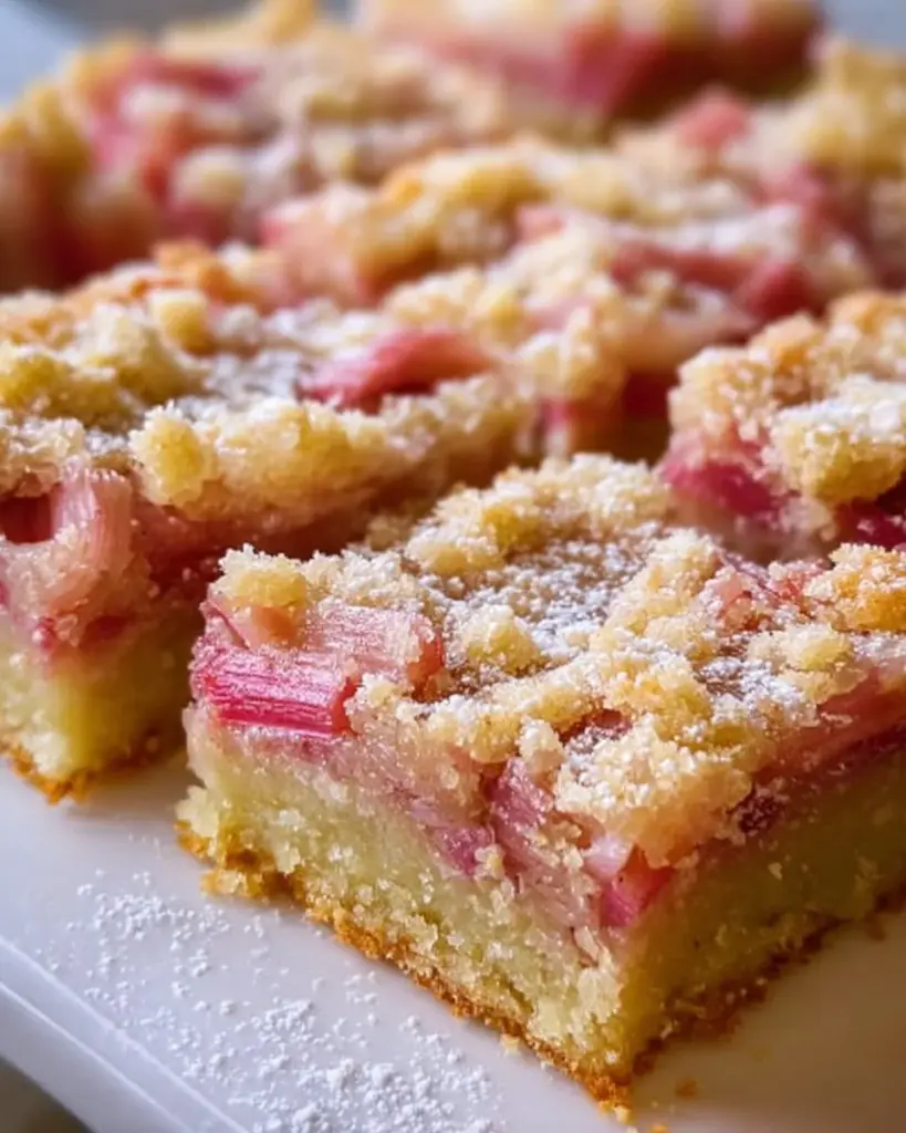 Delicious rhubarb custard bars served on a plate.