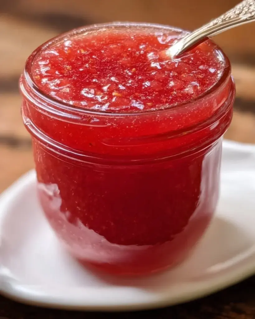 Bowl of vibrant rhubarb sauce with strawberry Jello, perfect for desserts.