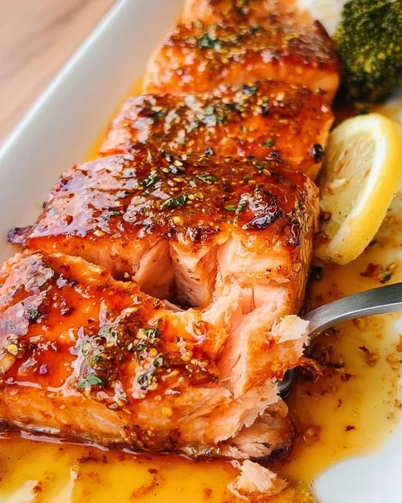 Delicious salmon fillet drizzled with hot honey sauce on a plate