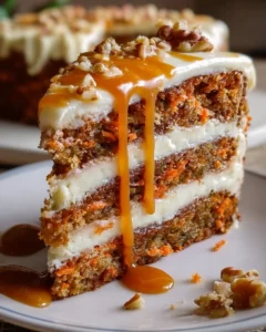 Delicious Salted Caramel Carrot Cake with Cream Cheese Frosting on a serving platter