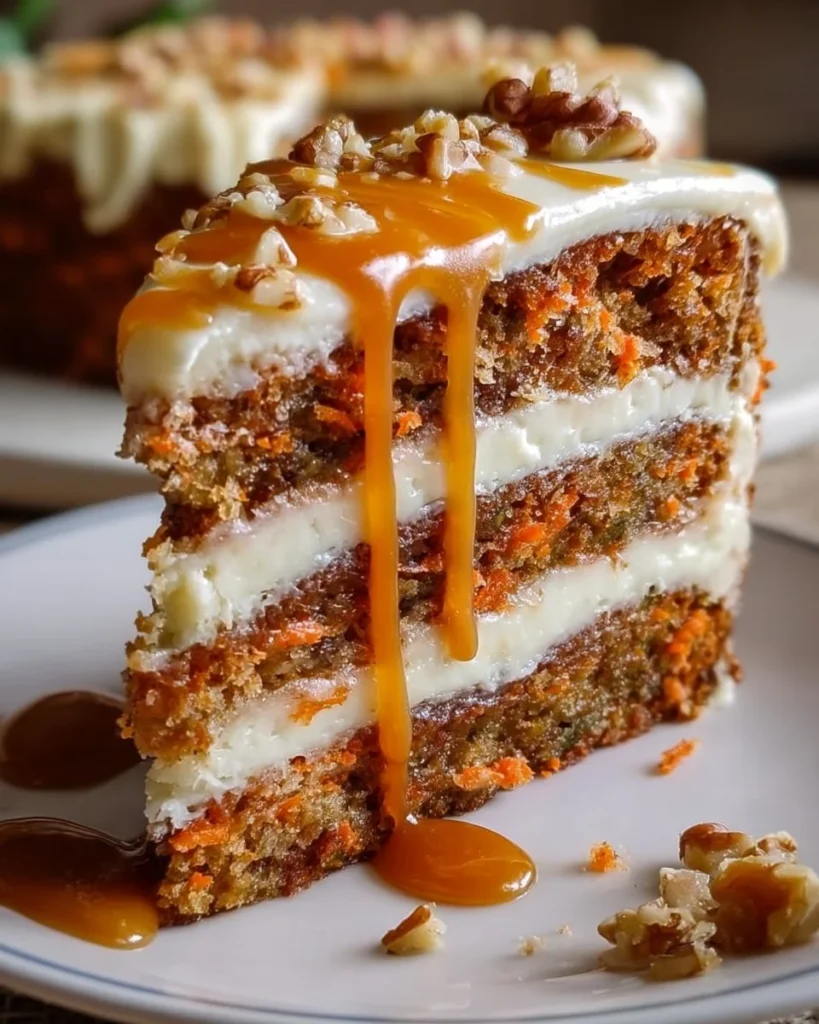 Delicious Salted Caramel Carrot Cake with Cream Cheese Frosting on a serving platter