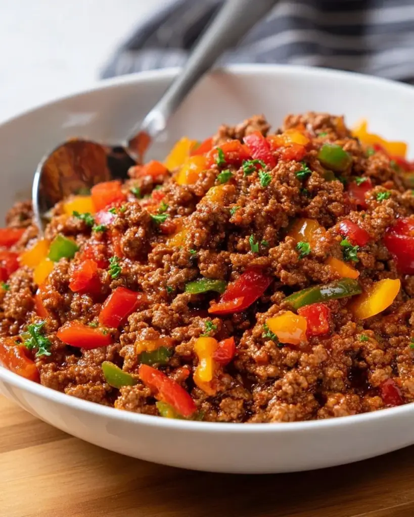 Seasoned ground beef cooking in a skillet for taco preparation